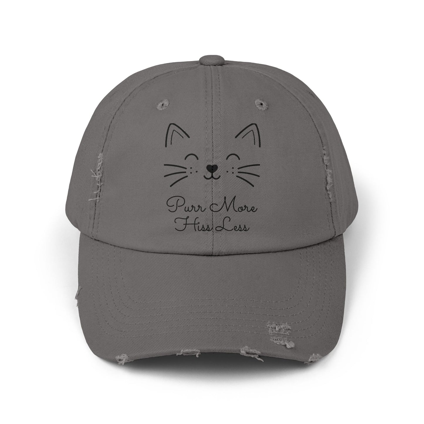 Unisex Cat Face Design Distressed Cap - 'Purr More, Hiss Less' Hat (Additional Colors)