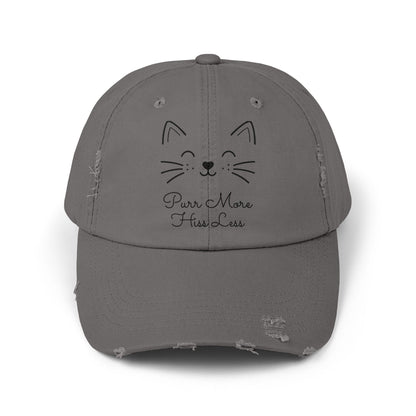 Unisex Cat Face Design Distressed Cap - 'Purr More, Hiss Less' Hat (Additional Colors)