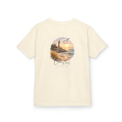 Kids Coastal Lighthouse Sunset Back Graphic Tee - 'Guided By the Light' w/ Front Wave Logo (Additional Color)