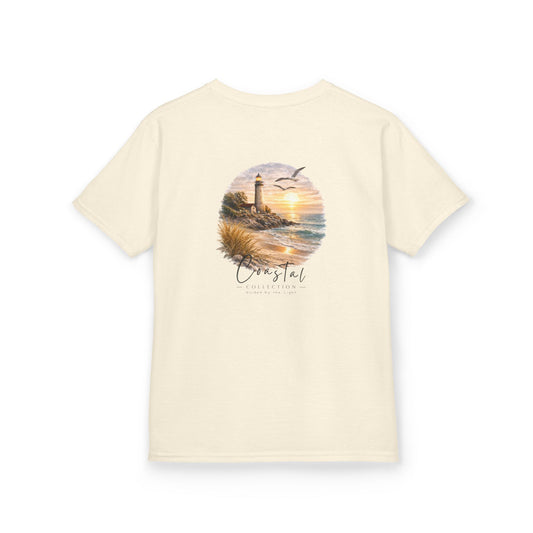 Kids Coastal Lighthouse Sunset Back Graphic Tee - 'Guided By the Light' w/ Front Wave Logo (Additional Color)