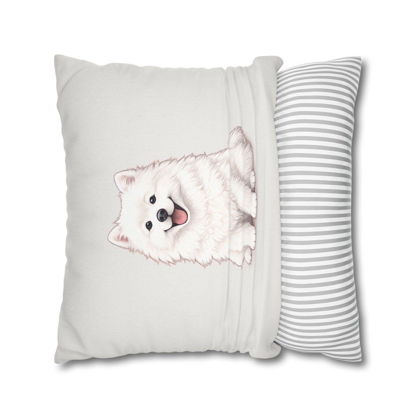 Double Sided Beige Design Samoyed Puppy With Bones, Hearts, and Paw Prints Pillowcase — Soft Striped Decorative Square Throw Pillow (Additional Sizes)