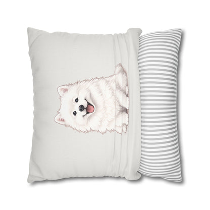 Double Sided Beige Design Samoyed Puppy With Bones, Hearts, and Paw Prints Pillowcase — Soft Striped Decorative Square Throw Pillow (Additional Sizes)