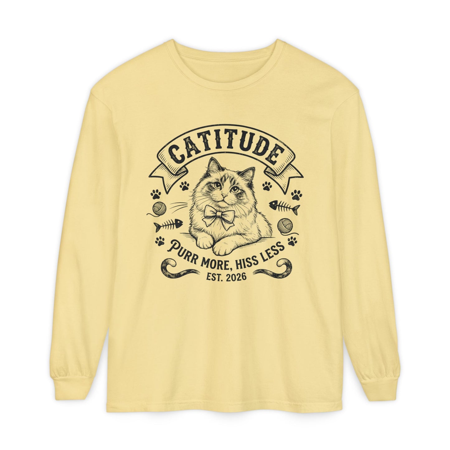 Unisex Catitude Design Long Sleeve Tee — 'Purr More, Hiss Less' Cat Lover Shirt (Additional Colors)
