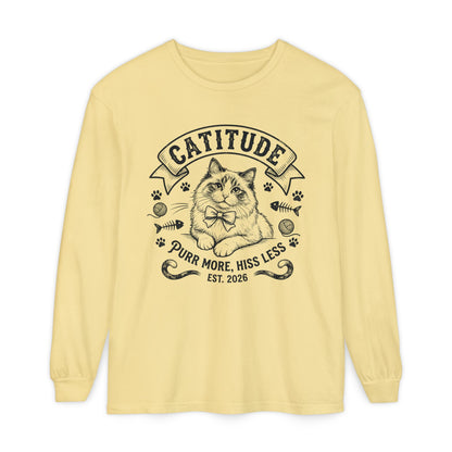 Unisex Catitude Design Long Sleeve Tee — 'Purr More, Hiss Less' Cat Lover Shirt (Additional Colors)