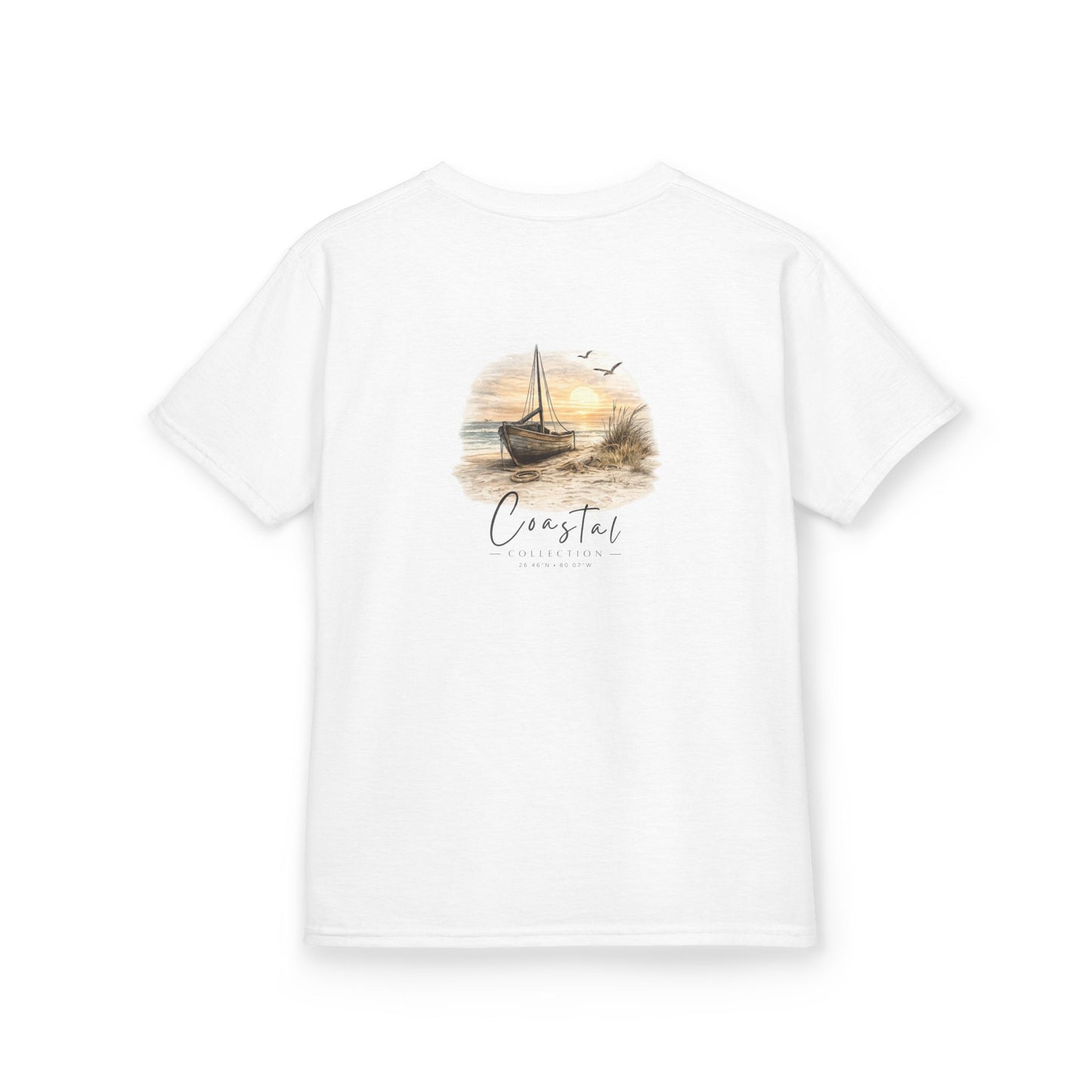 Kids Coastal Sunset Sailboat Back Design T-Shirt — Nautical Coastal Graphic Tee w/ Logo (Additional Color)