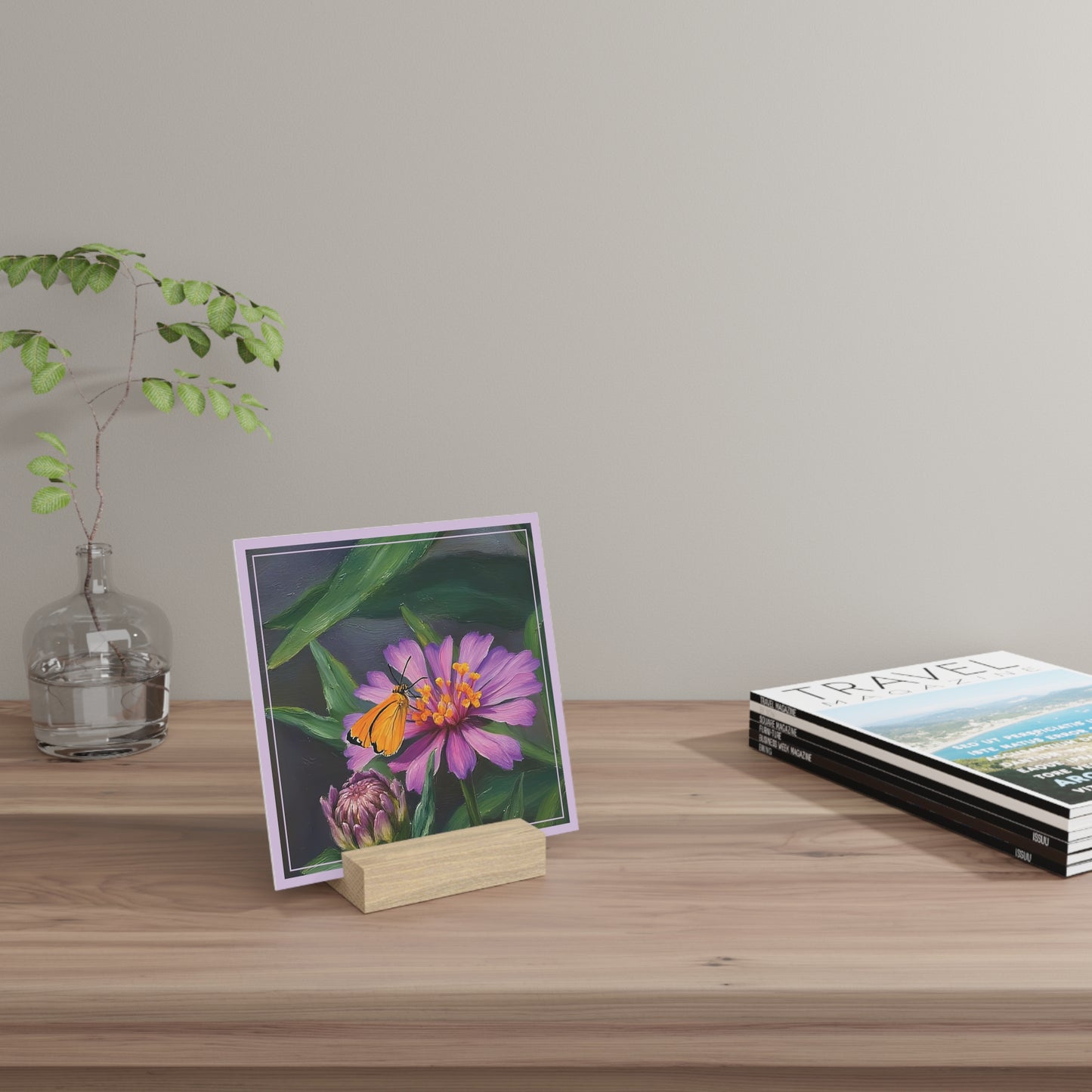 Nature Pretty Pink and Purple Flower with Butterfly Artist-Inspired Gallery Board with Wooden Stand — Mini Desk Art (Additional Sizes)