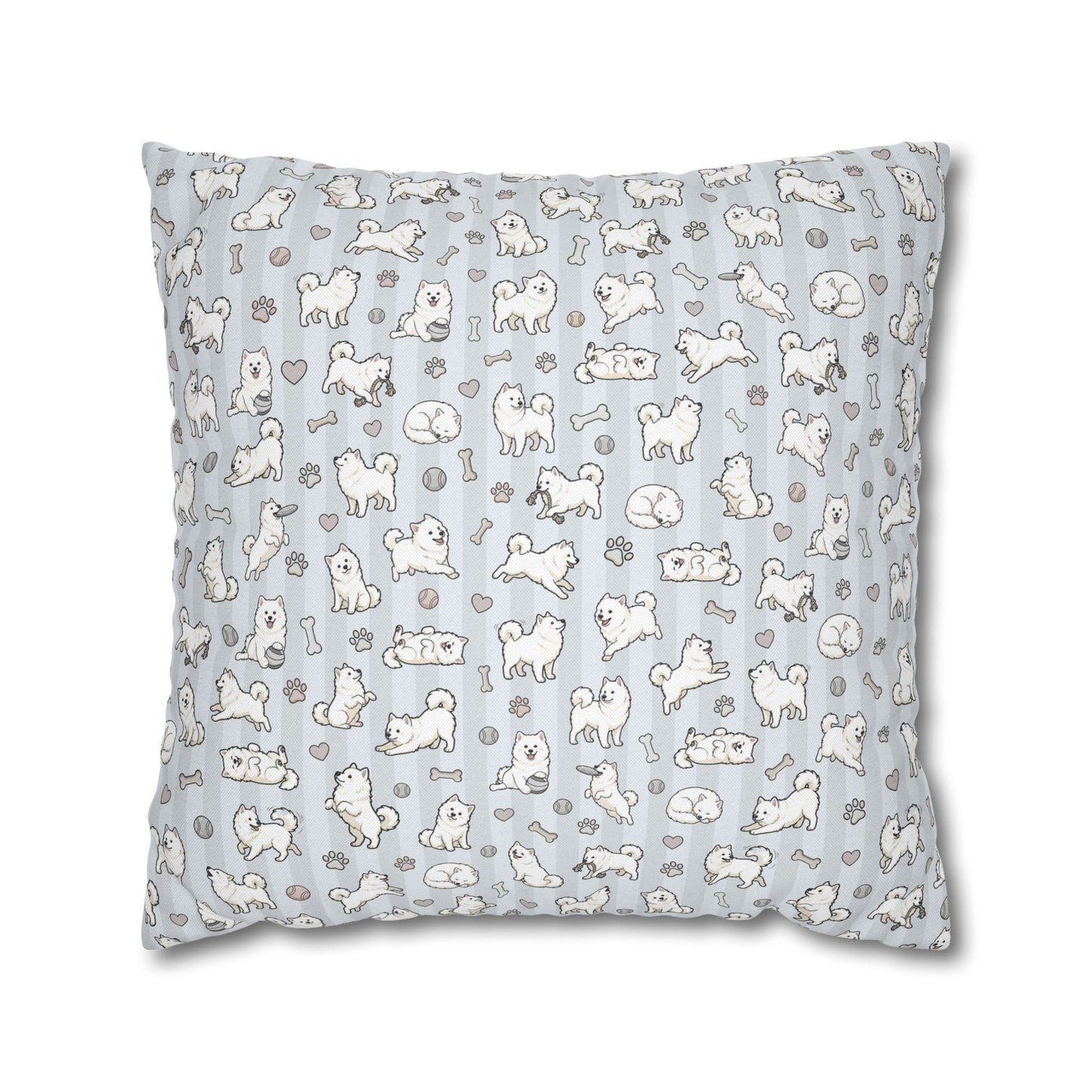 Double Sided Blue Design Samoyed Puppy With Bones, Hearts, and Paw Prints Pillowcase — Soft Striped Decorative Square Throw Pillow (Additional Sizes)