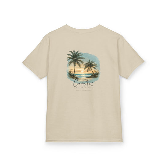 Kids Sunset Beach Scene II Back Design T-Shirt — Tropical Palm Tree 'Lost In the Horizon' Graphic w/ Logo Front (Additional Color)