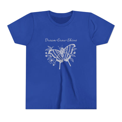 Youth Unisex Butterfly & Flowers Design Short Sleeve Tee - 'Dream, Grow, Shine' Motivational Graphic (Additional Colors)