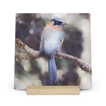 Artistic Tropical Bird Photo Gallery Board with Wooden Stand — Mini Nature Desk Art (Additional Sizes)
