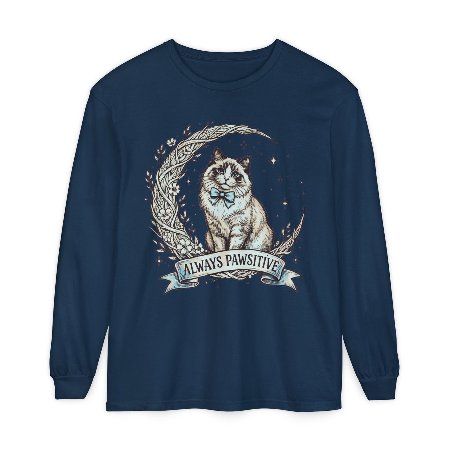 Unisex Adult 'Always Pawsitive' Cat Design Long Sleeve Tee — Cute Ragdoll Cat Graphic Shirt (Additional Colors)