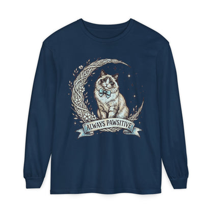 Unisex Adult 'Always Pawsitive' Cat Design Long Sleeve Tee — Cute Ragdoll Cat Graphic Shirt (Additional Colors)