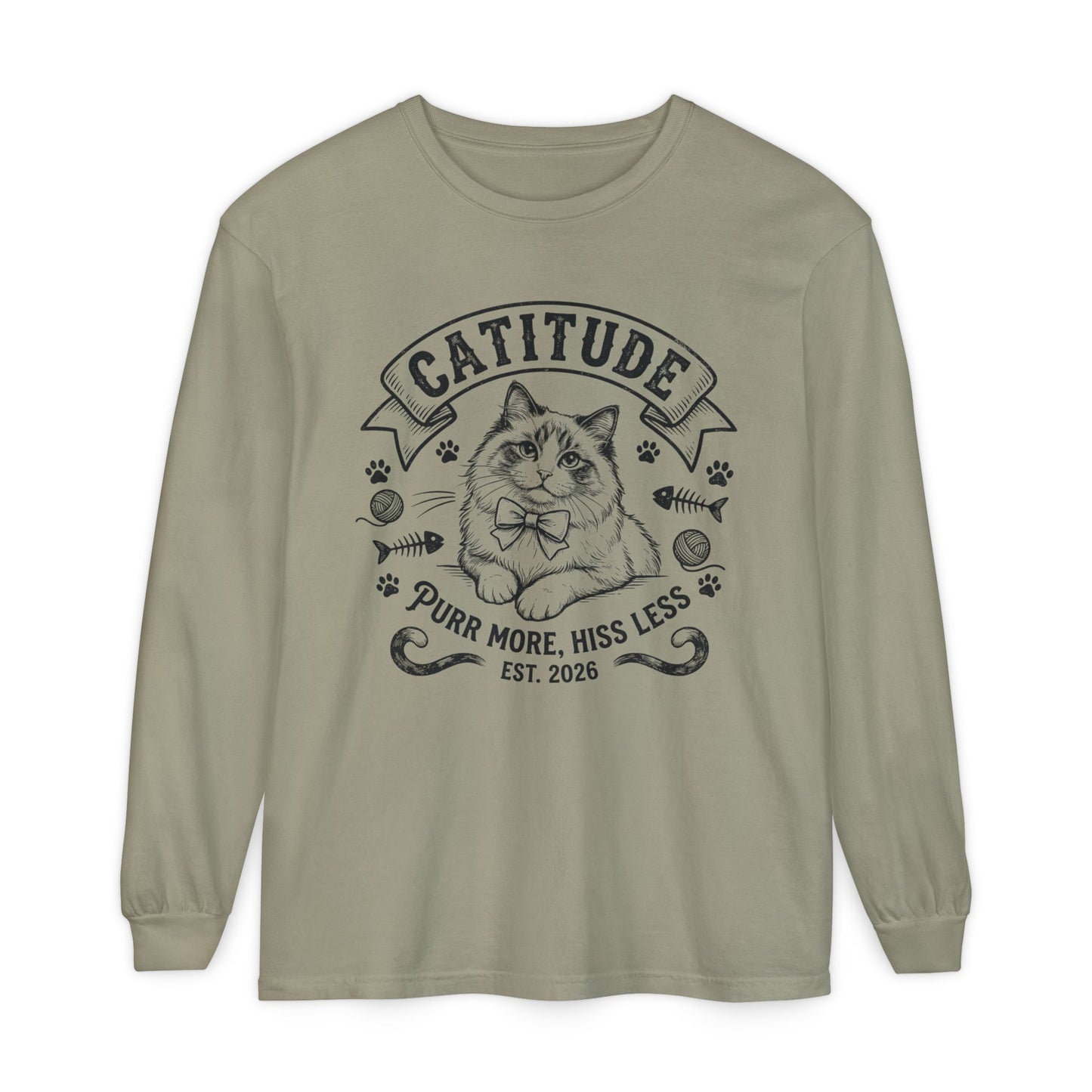 Unisex Catitude Design Long Sleeve Tee — 'Purr More, Hiss Less' Cat Lover Shirt (Additional Colors)