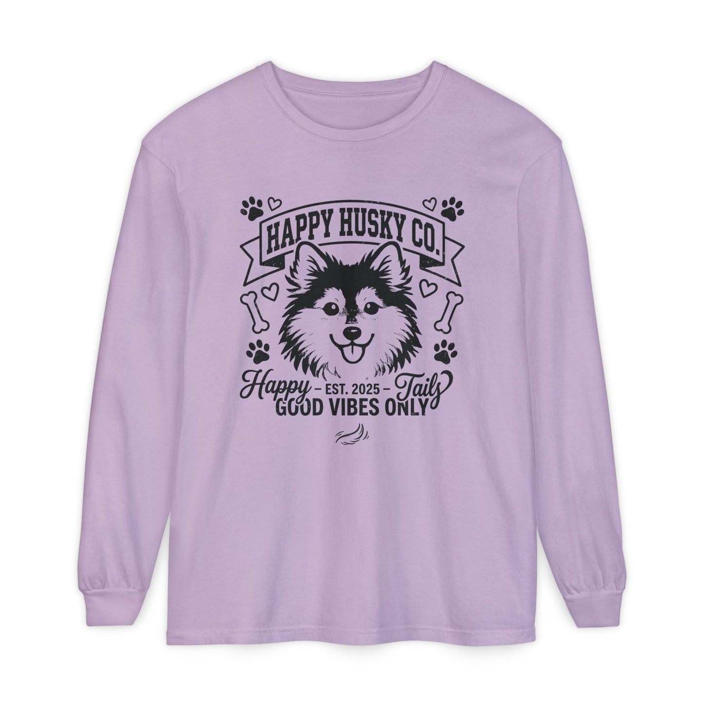 Happy Husky Co. Unisex Long Sleeve Tee — 'Happy Tails, Good Vibes Only' Dog Lover Shirt (Additional Colors)