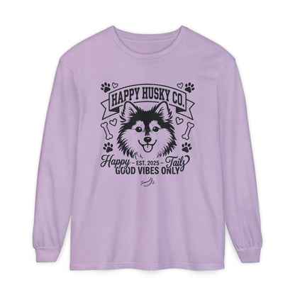 Happy Husky Co. Unisex Long Sleeve Tee — 'Happy Tails, Good Vibes Only' Dog Lover Shirt (Additional Colors)