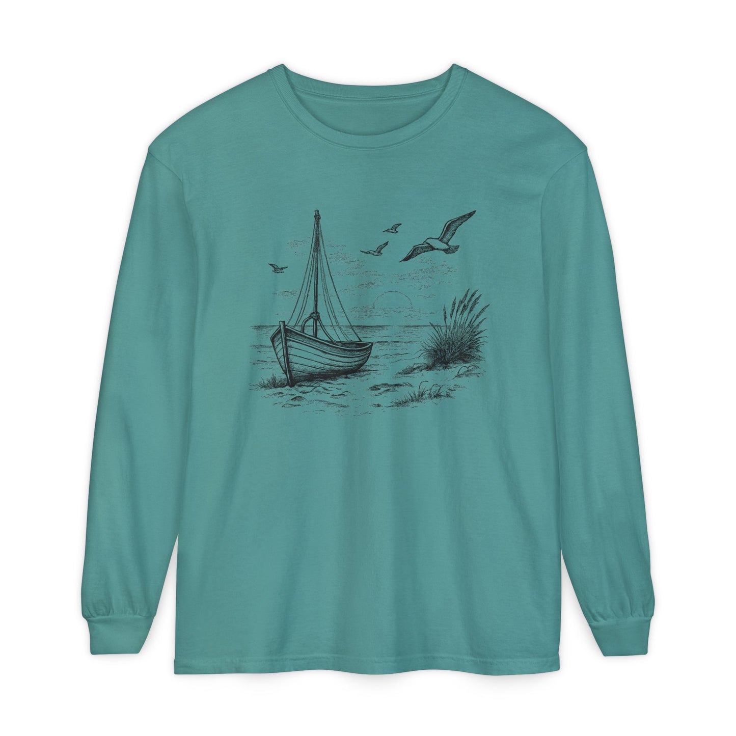 Nautical Sailboat & Beach Sketch Design Long Sleeve Tee - 'Set Your Course by the Stars Not the Storm' (Additional Colors)