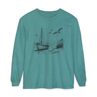 Nautical Sailboat & Beach Sketch Design Long Sleeve Tee - 'Set Your Course by the Stars Not the Storm' (Additional Colors)