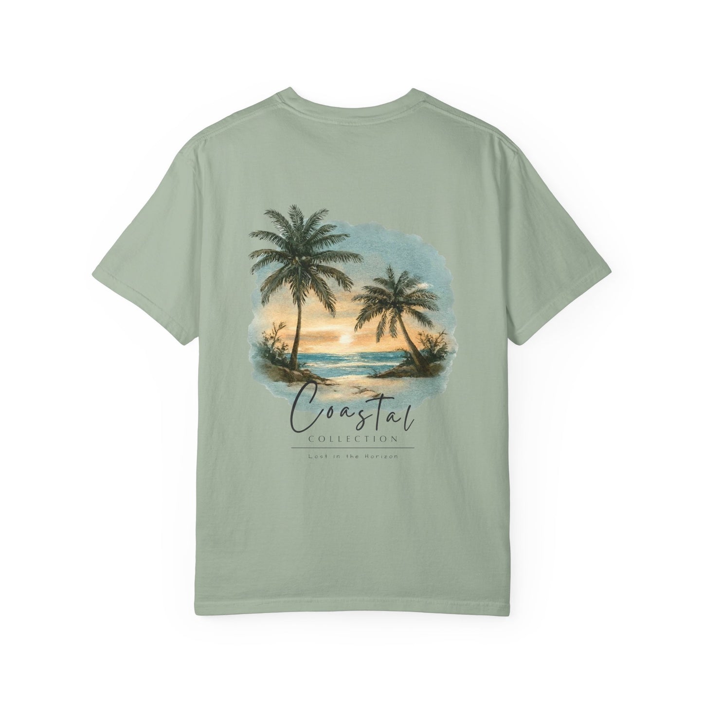 Unisex Adult Sunset Beach Scene II Back Design T-Shirt — Tropical Palm Tree 'Lost In the Horizon' Graphic w/ Logo Front (Additional Color)