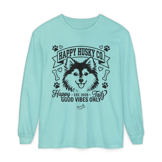 Happy Husky Co. Unisex Long Sleeve Tee — 'Happy Tails, Good Vibes Only' Dog Lover Shirt (Additional Colors)