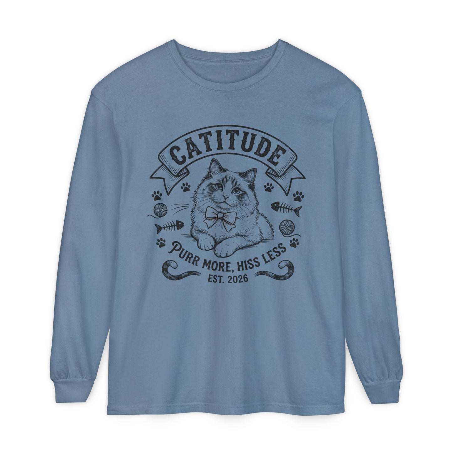 Unisex Catitude Design Long Sleeve Tee — 'Purr More, Hiss Less' Cat Lover Shirt (Additional Colors)