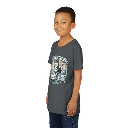 Youth Tee Happy Husky Co. 'Spreading Joy' Kids Short Sleeve Shirt - Husky Dog, Outdoor Badge Design (Additional Colors)