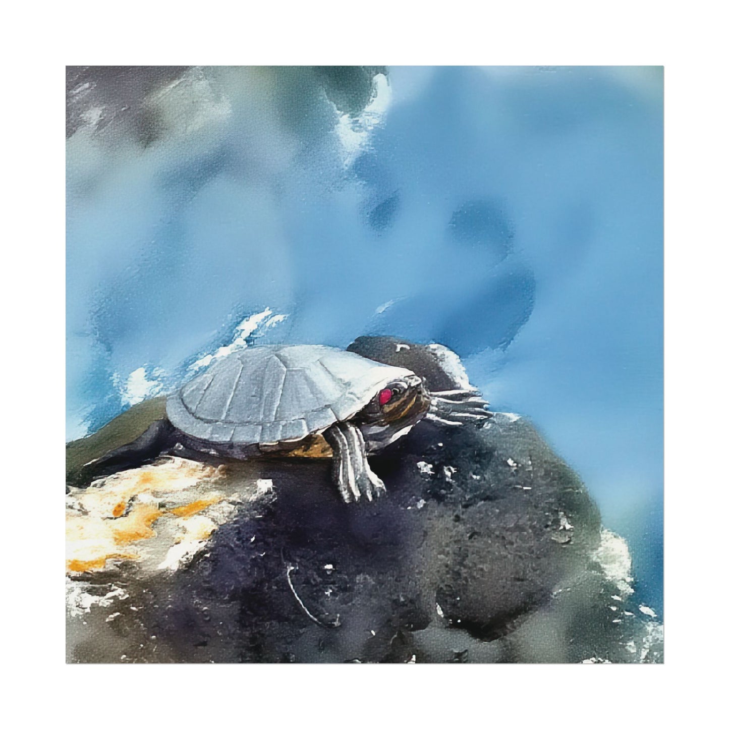 Watercolor-Style Nature-Inspired 'Turtle on the Rocks' Textured Matte Art Print