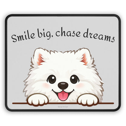 'Smile Big, Chase Dreams' Gaming Mouse Pad — Cute White Fluffy Samoyed Dog Design