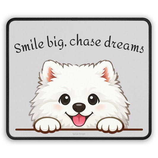 'Smile Big, Chase Dreams' Gaming Mouse Pad — Cute White Fluffy Samoyed Dog Design