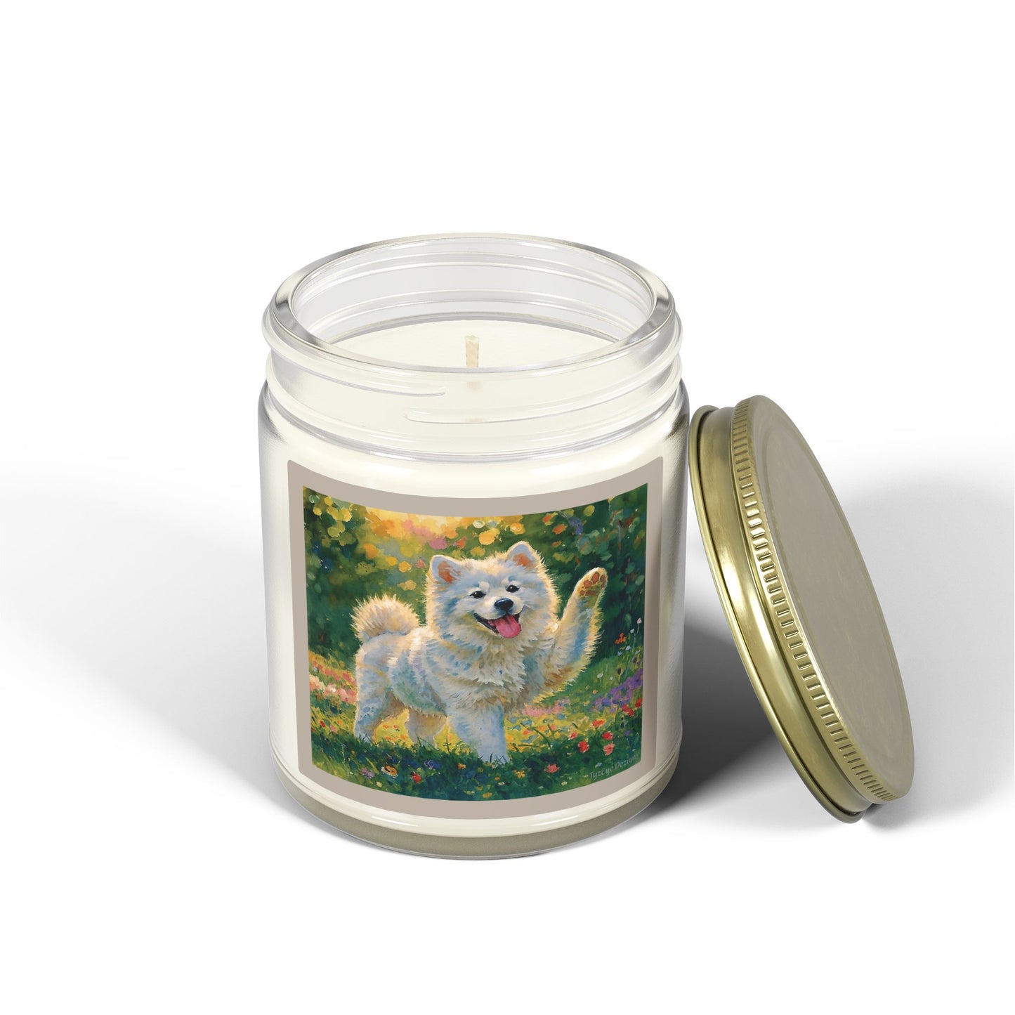 Coconut Apricot Wax Scented Candle — Joyful Samoyed Dog Design, Clear or Amber Jar (4oz or 9oz, Assorted Scents)