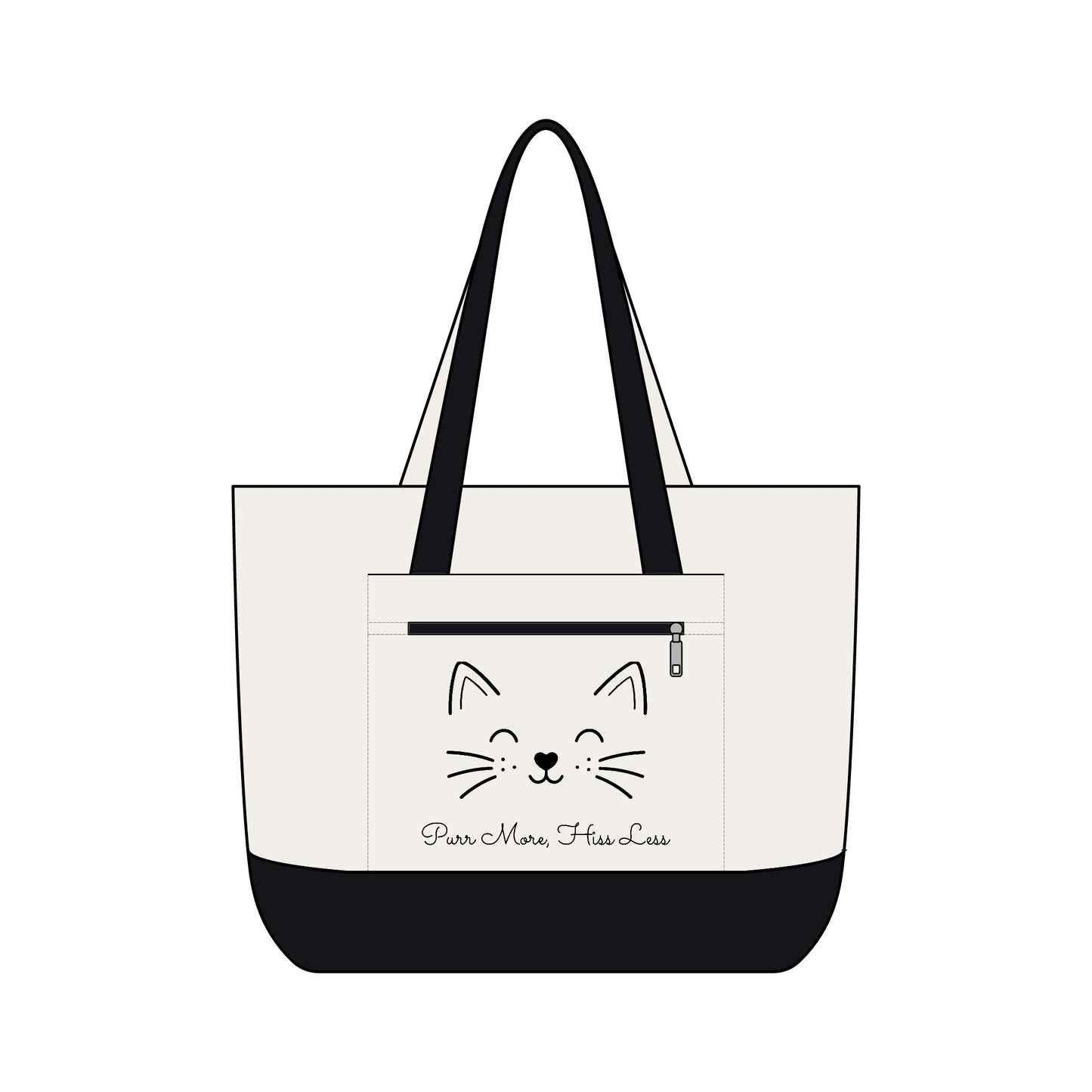 Cute Cat Face Canvas Tote Bag —  'Purr More, Hiss Less' Zippered Beach & Market Tote (Additional Colors)