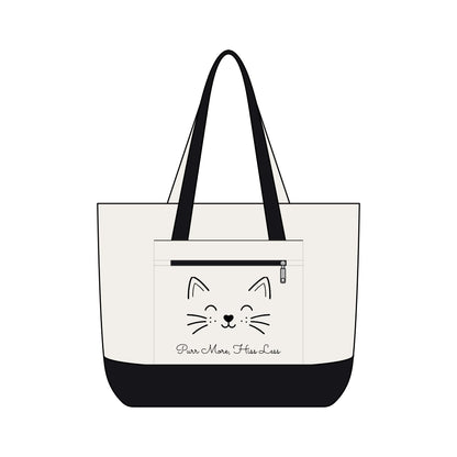 Cute Cat Face Canvas Tote Bag —  'Purr More, Hiss Less' Zippered Beach & Market Tote (Additional Colors)