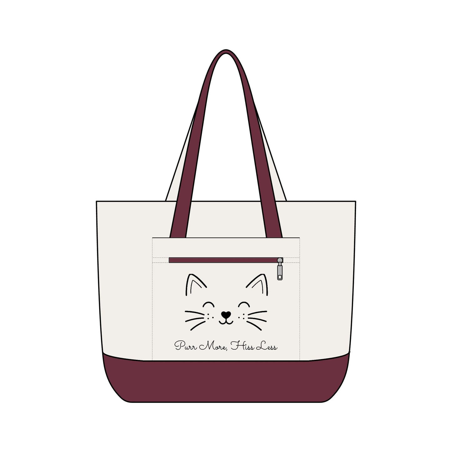 Cute Cat Face Canvas Tote Bag —  'Purr More, Hiss Less' Zippered Beach & Market Tote (Additional Colors)