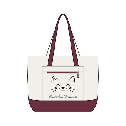 Cute Cat Face Canvas Tote Bag —  'Purr More, Hiss Less' Zippered Beach & Market Tote (Additional Colors)