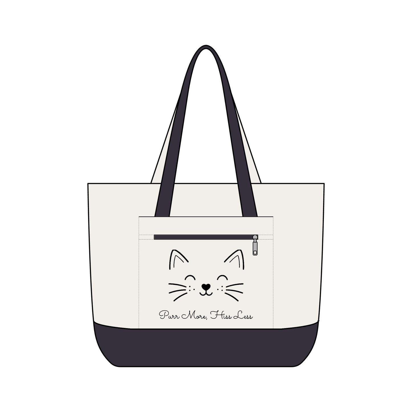 Cute Cat Face Canvas Tote Bag —  'Purr More, Hiss Less' Zippered Beach & Market Tote (Additional Colors)