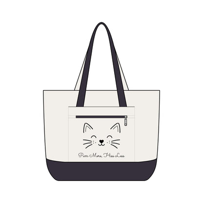 Cute Cat Face Canvas Tote Bag —  'Purr More, Hiss Less' Zippered Beach & Market Tote (Additional Colors)