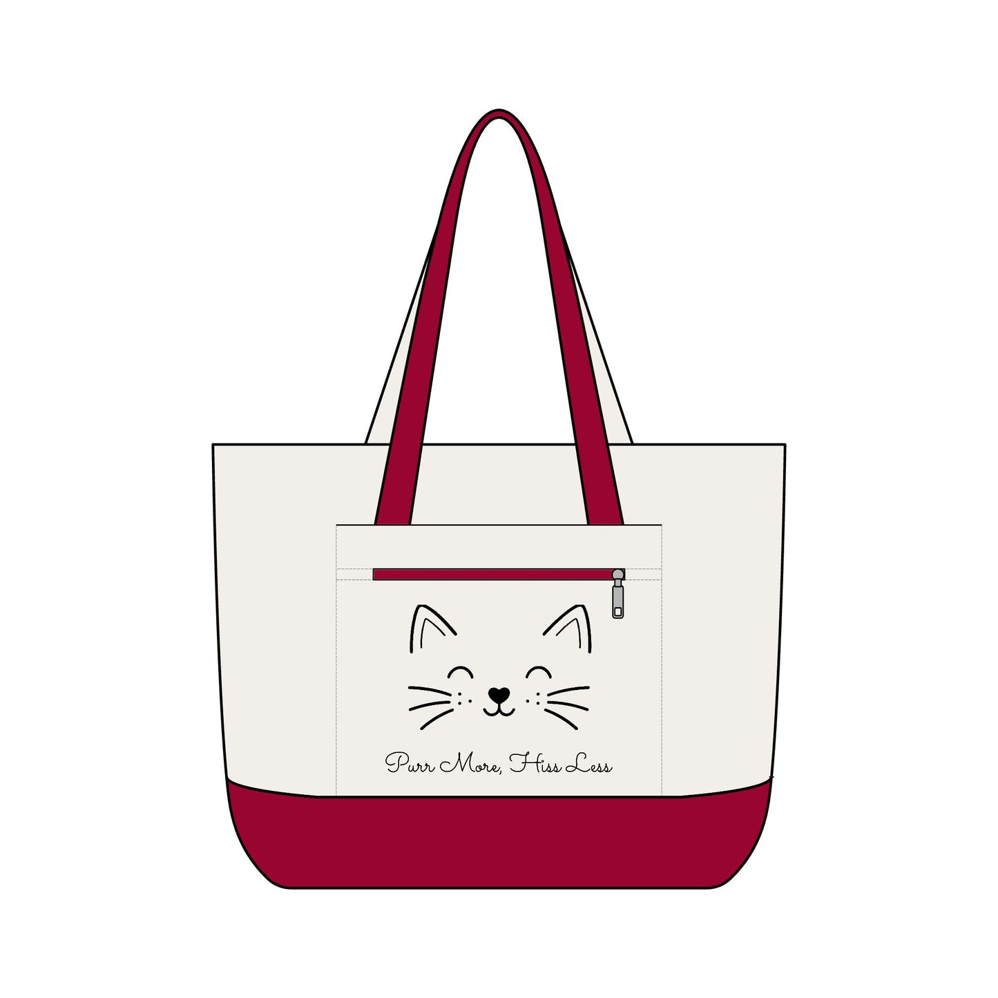 Cute Cat Face Canvas Tote Bag —  'Purr More, Hiss Less' Zippered Beach & Market Tote (Additional Colors)
