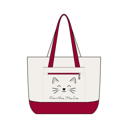 Cute Cat Face Canvas Tote Bag —  'Purr More, Hiss Less' Zippered Beach & Market Tote (Additional Colors)