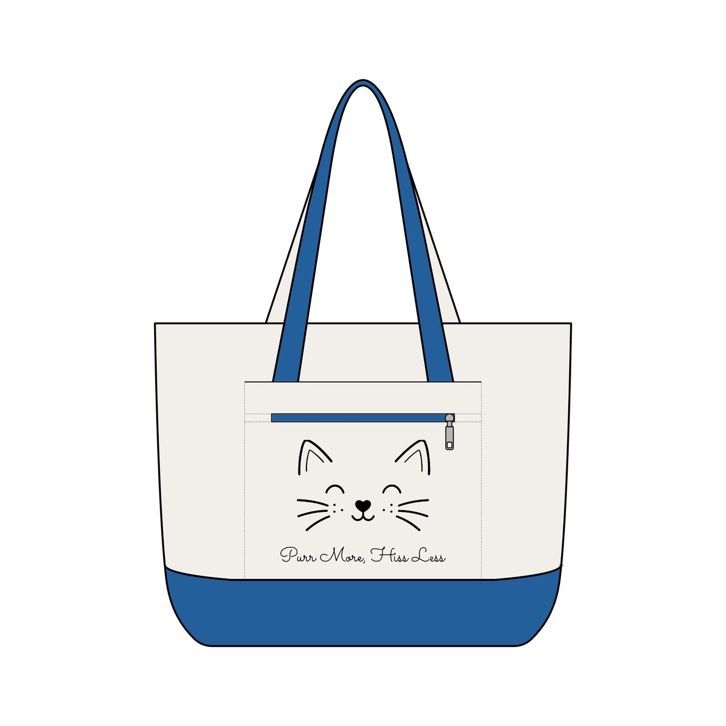 Cute Cat Face Canvas Tote Bag —  'Purr More, Hiss Less' Zippered Beach & Market Tote (Additional Colors)