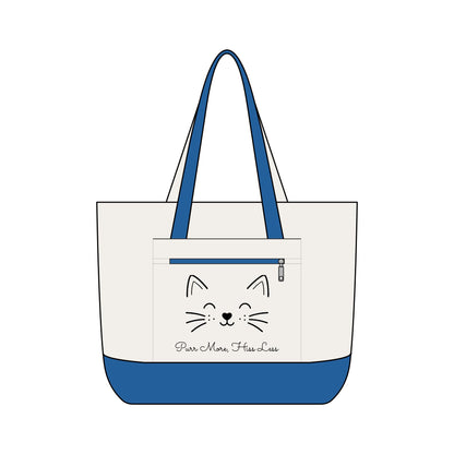 Cute Cat Face Canvas Tote Bag —  'Purr More, Hiss Less' Zippered Beach & Market Tote (Additional Colors)