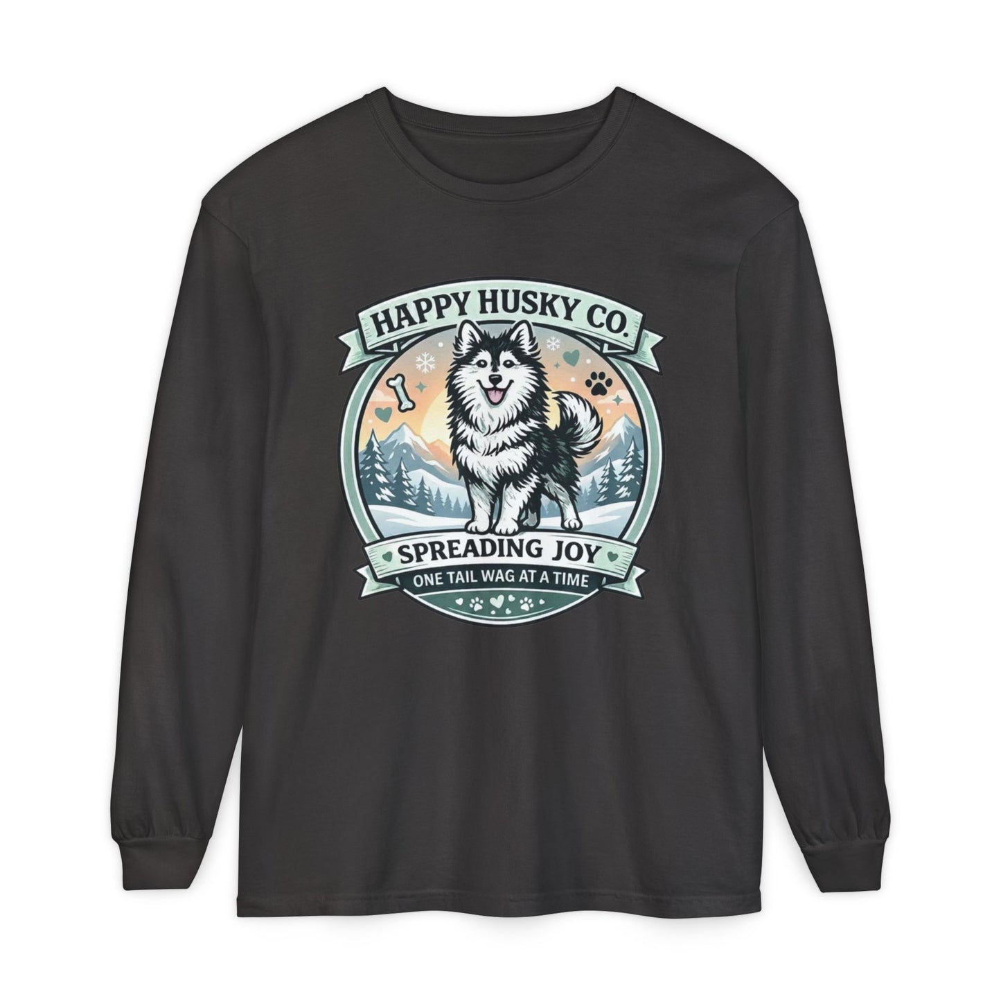 Unisex Colorful Happy Husky Co. Long Sleeve T-Shirt — 'Spreading Joy One Tail Wag At A Time' Graphic (Additional Colors)
