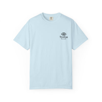 Unisex Adult Sunset Beach Scene II Back Design T-Shirt — Tropical Palm Tree 'Lost In the Horizon' Graphic w/ Logo Front (Additional Color)