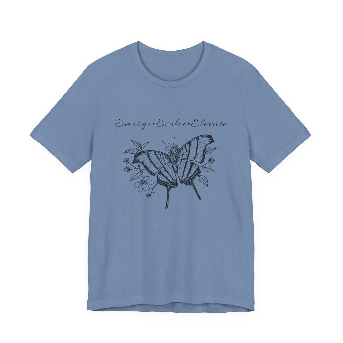 Unisex Adult Butterfly & Flowers Design Short Sleeve Tee - 'Emerge Evolve Elevate' (Additional Colors)