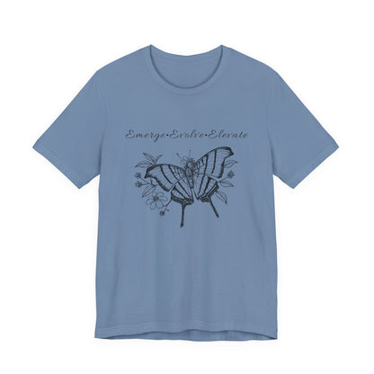 Unisex Adult Butterfly & Flowers Design Short Sleeve Tee - 'Emerge Evolve Elevate' (Additional Colors)