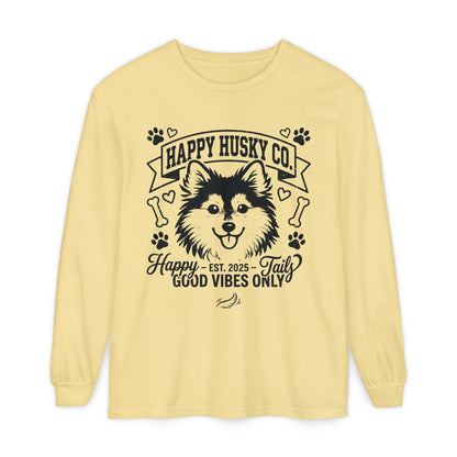 Happy Husky Co. Unisex Long Sleeve Tee — 'Happy Tails, Good Vibes Only' Dog Lover Shirt (Additional Colors)