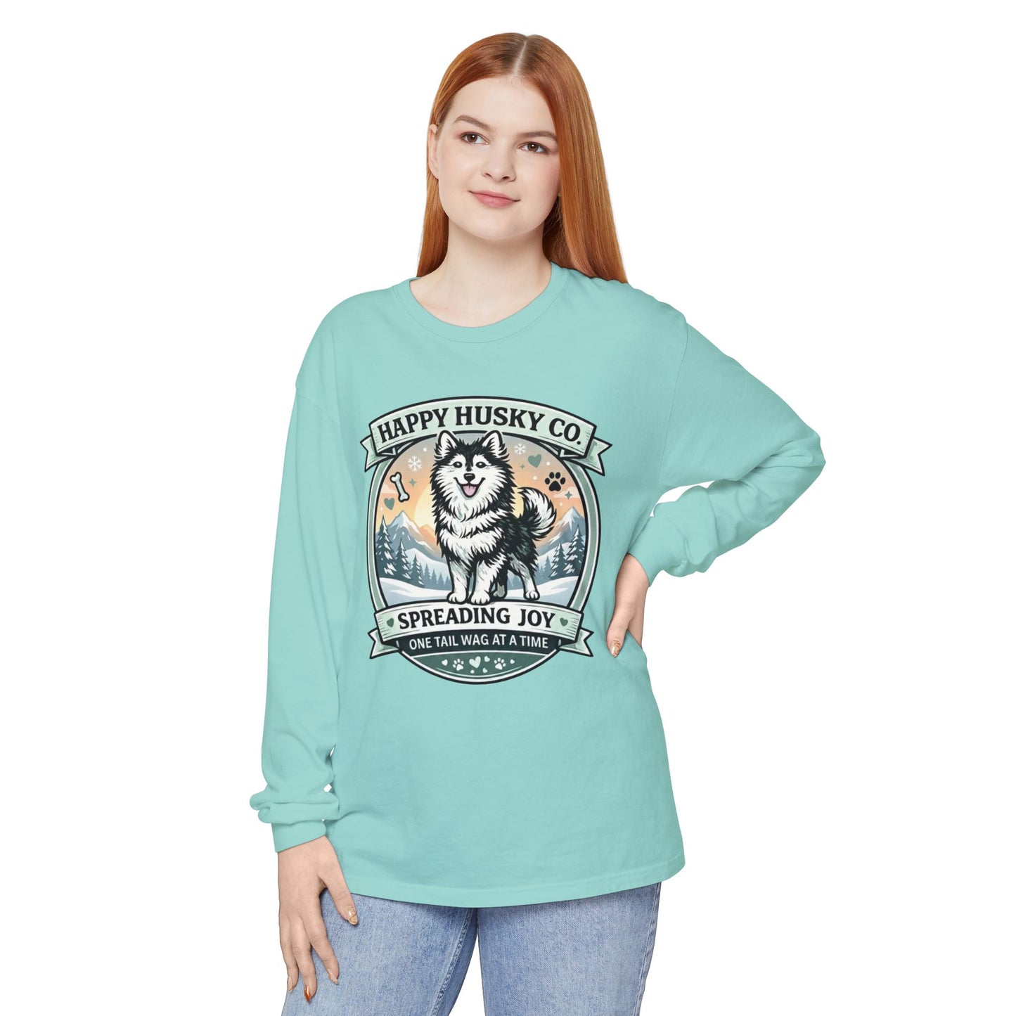 Unisex Colorful Happy Husky Co. Long Sleeve T-Shirt — 'Spreading Joy One Tail Wag At A Time' Graphic (Additional Colors)