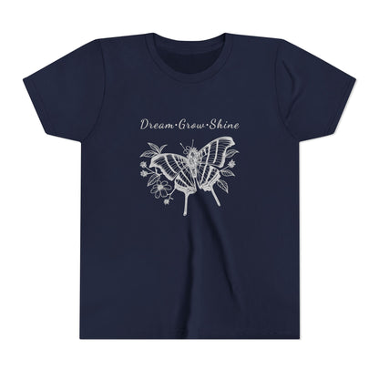 Youth Unisex Butterfly & Flowers Design Short Sleeve Tee - 'Dream, Grow, Shine' Motivational Graphic (Additional Colors)