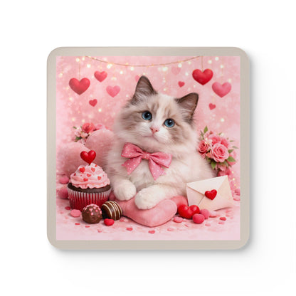 Valentine’s Ragdoll Cat Cork Coaster Set – Cute Pink Hearts & Sweets