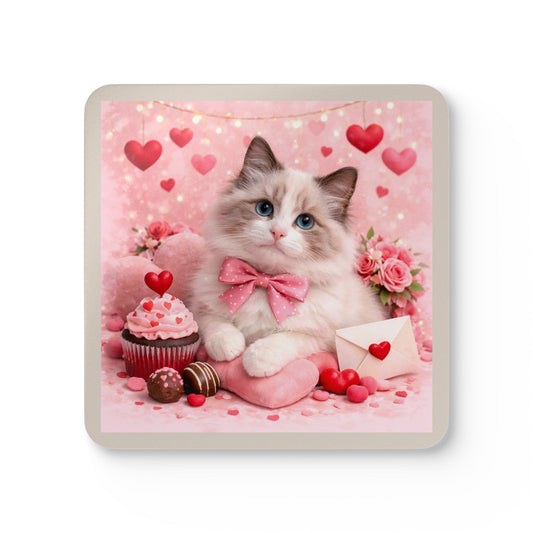 Valentine’s Ragdoll Cat Cork Coaster Set – Cute Pink Hearts & Sweets