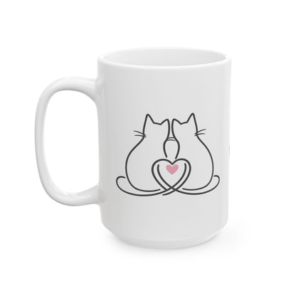 Two Cats and a Heart White Ceramic Mug — "Purrfect Together meow & always" (11oz & 15oz)