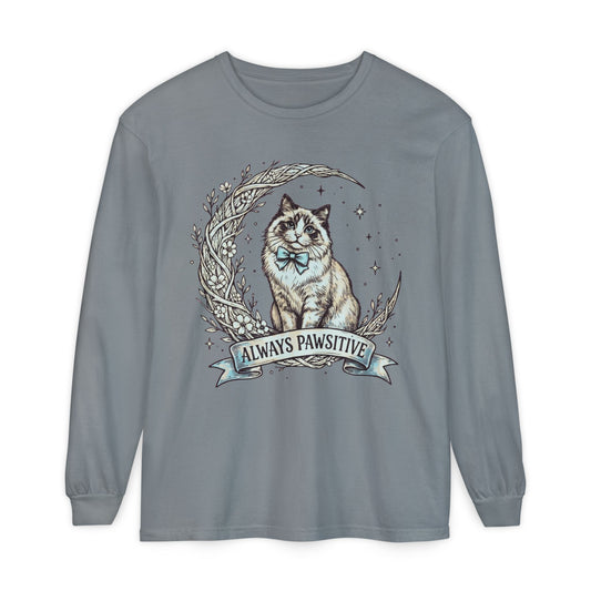 Unisex Adult 'Always Pawsitive' Cat Design Long Sleeve Tee — Cute Ragdoll Cat Graphic Shirt (Additional Colors)